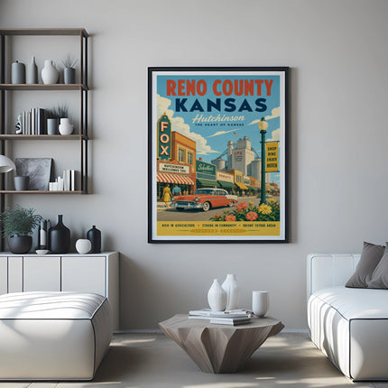 Vintage Reno County, Kansas travel poster featuring Hutchinson with a red car.