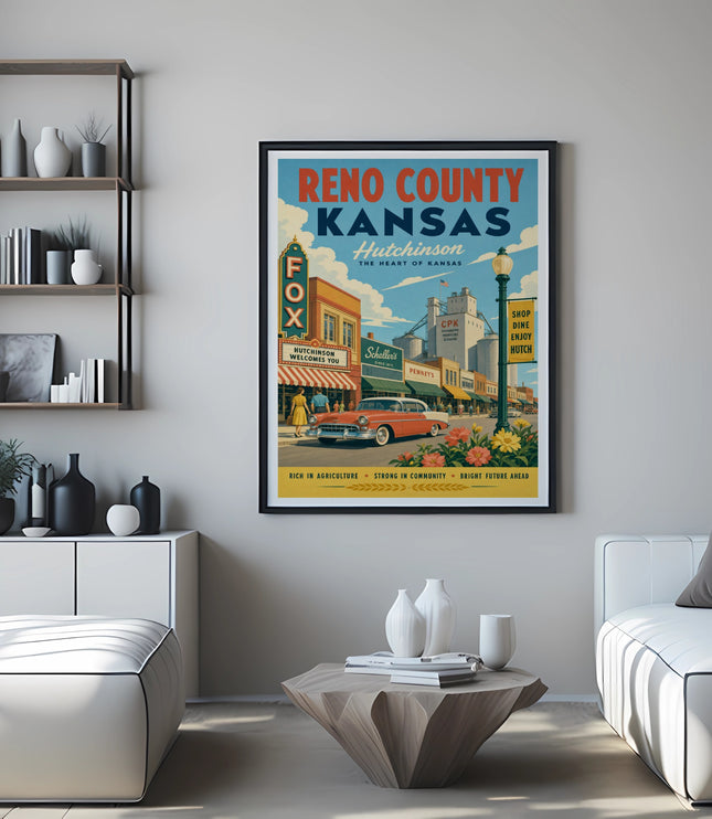 Vintage Reno County, Kansas travel poster featuring Hutchinson with a red car.