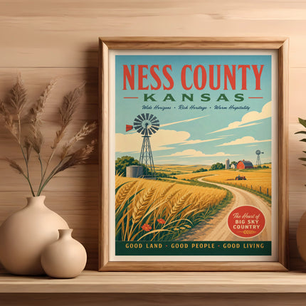 Ness County, Kansas vintage travel poster with windmill and wheat fields.