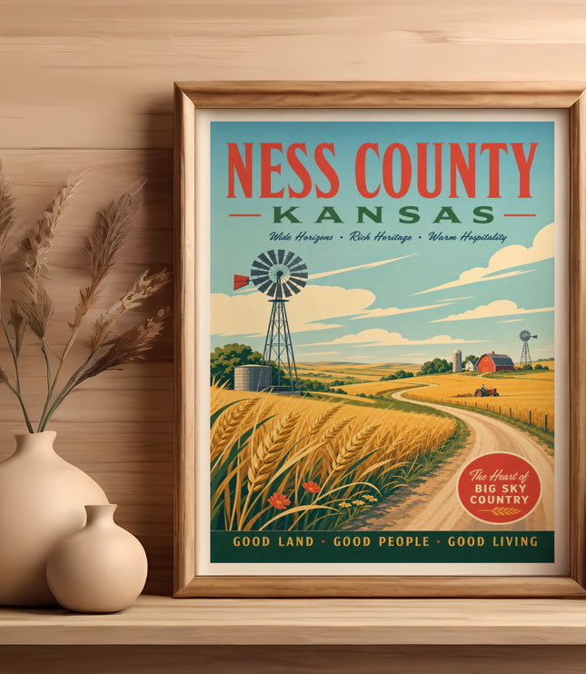 Ness County, Kansas vintage travel poster with windmill and wheat fields.