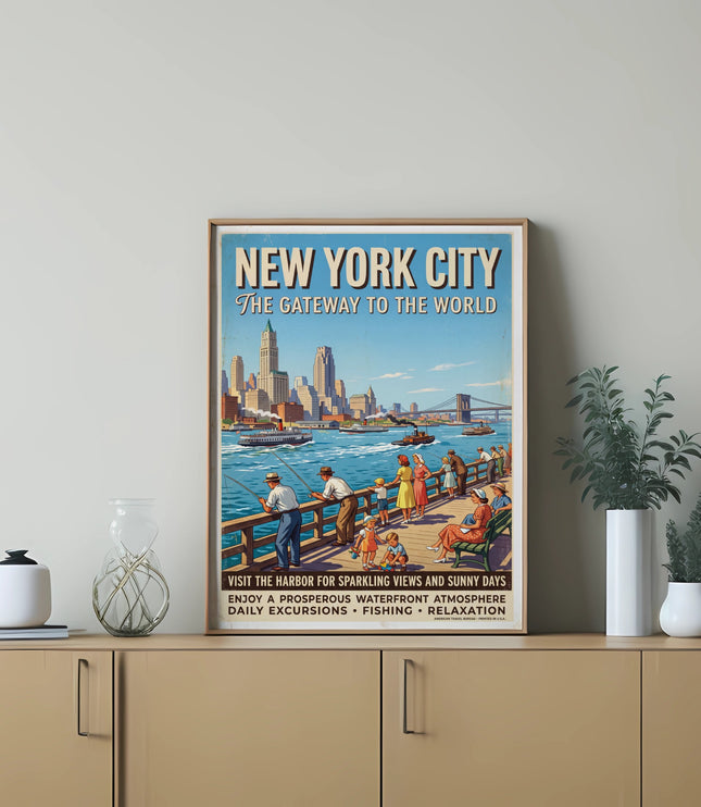 New York City vintage travel poster with skyline, harbor, and people on a pier.