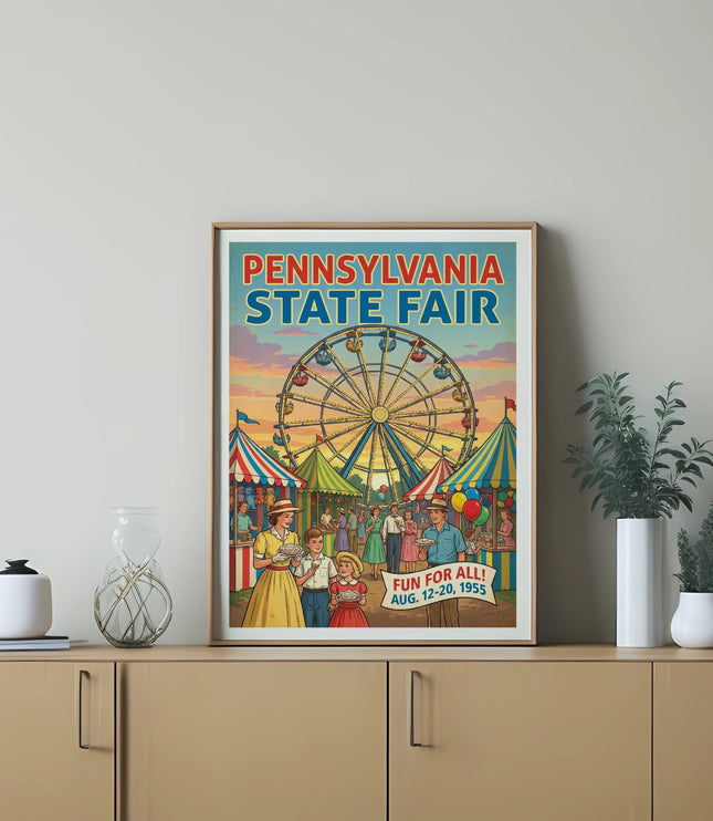 Pennsylvania State Fair poster featuring a Ferris wheel and carnival scene.