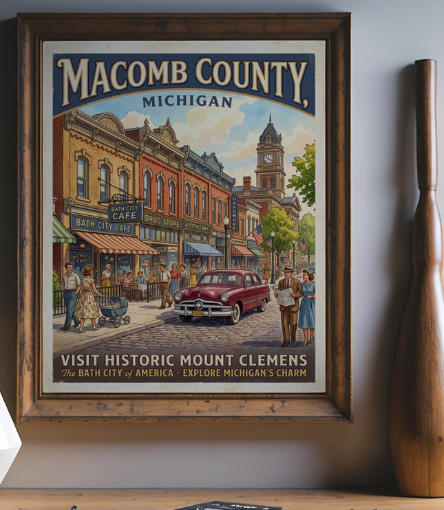 Vintage poster of Macomb County, Michigan, depicting a historic street scene and vintage car.