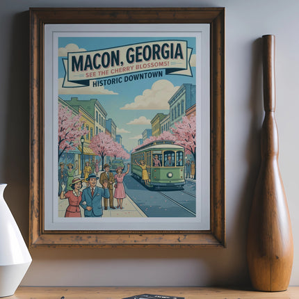 Macon, Georgia historic downtown vintage illustration with cherry blossoms and trolley.