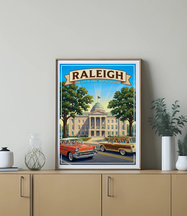 Raleigh print with vintage cars and North Carolina state building.