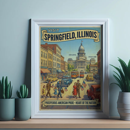 Vintage travel poster for Springfield, Illinois, featuring the State Capitol.