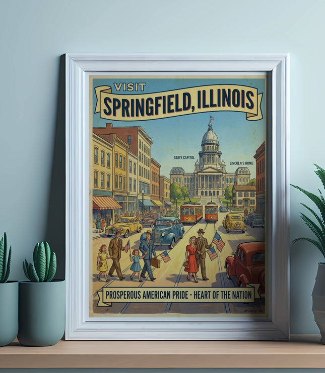 Vintage travel poster for Springfield, Illinois, featuring the State Capitol.