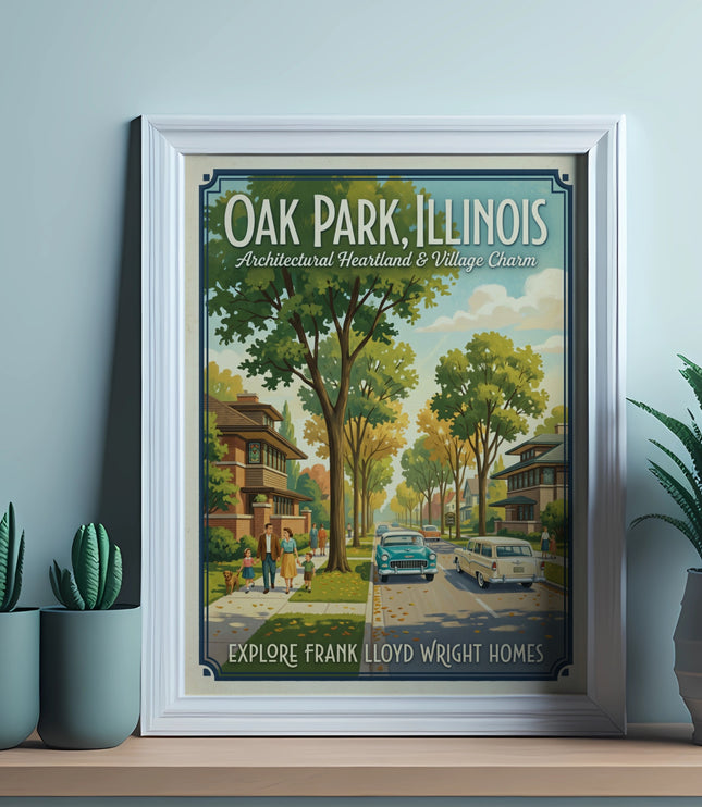Oak Park, Illinois poster with text "Explore Frank Lloyd Wright Homes" and architectural imagery.