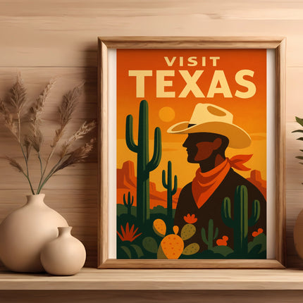 Vintage "Visit Texas" poster featuring a cowboy silhouette against a desert landscape.