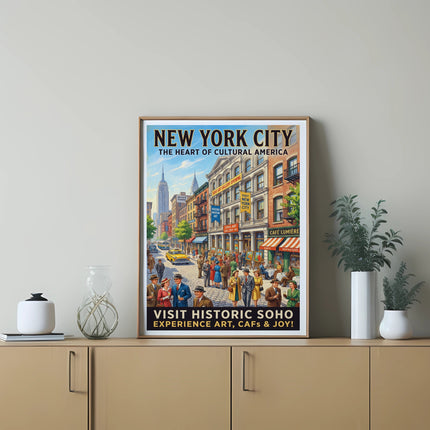 New York City poster for historic Soho, featuring street art, cafes, and city skyline.