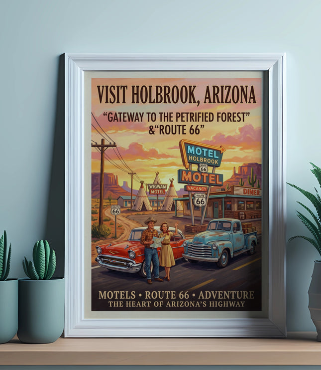 Retro poster for Holbrook, Arizona, featuring Route 66 sights and a couple.