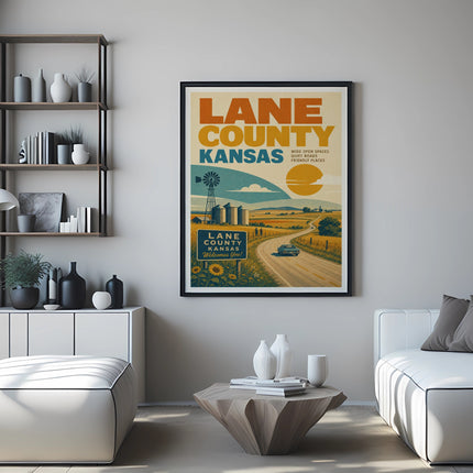Vintage travel poster for Lane County, Kansas with rural landscape and text.
