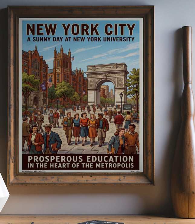 New York City poster depicting Washington Square Arch and NYU buildings with people.