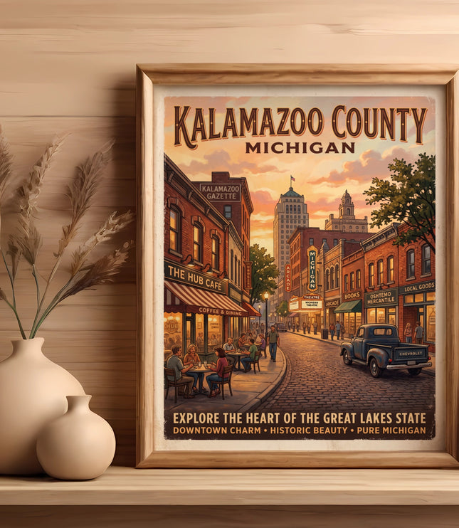 Kalamazoo County Michigan vintage poster featuring downtown street scene with shops and cafes.