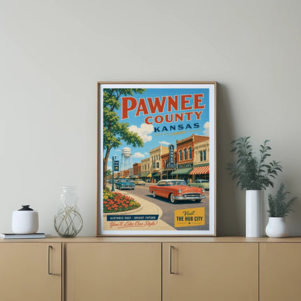 Pawnee County Kansas poster with "The Hub City" text and vintage storefronts.