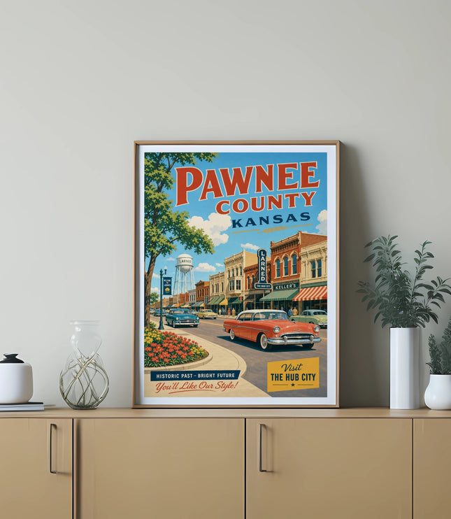 Pawnee County Kansas poster with "The Hub City" text and vintage storefronts.