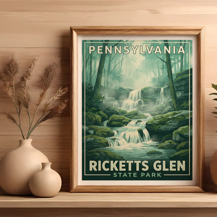 Pennsylvania State Park waterfall art print in a wooden frame.