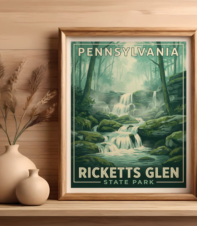 Pennsylvania State Park waterfall art print in a wooden frame.