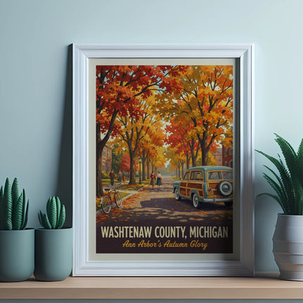 Framed artwork of Washtenaw County, Michigan with an autumn street scene and a vintage car.