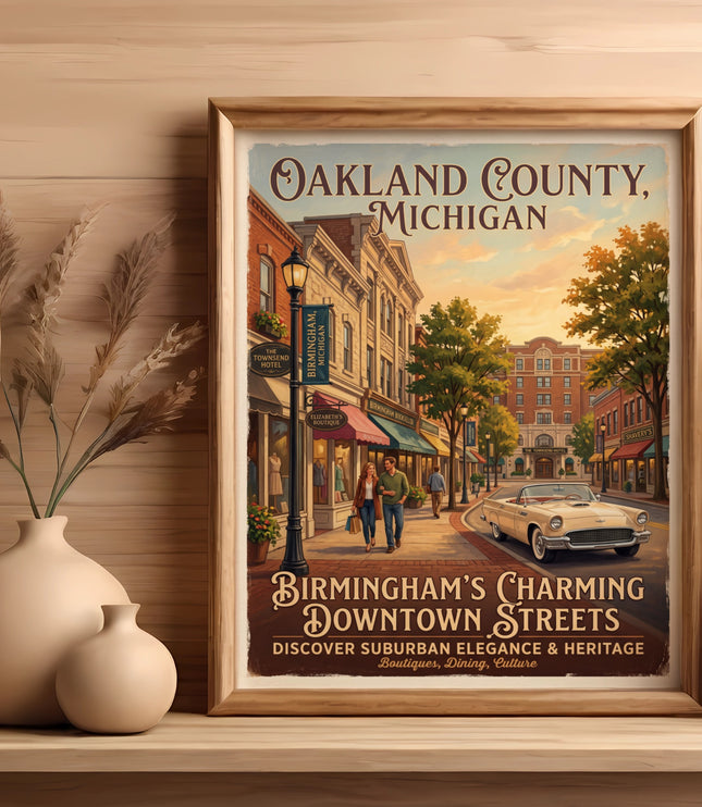 Oakland County, Michigan poster featuring Birmingham's charming downtown streets.