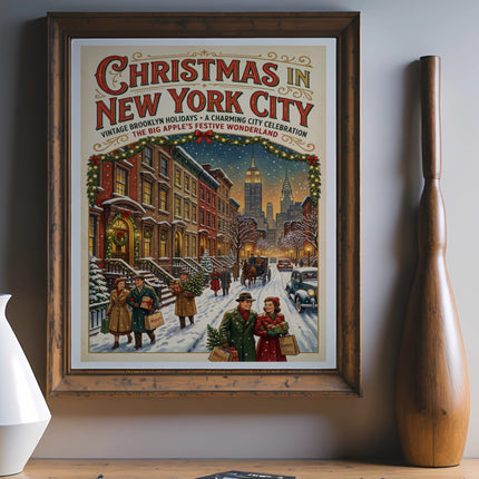 Vintage Christmas in New York City poster depicting festive street scene.