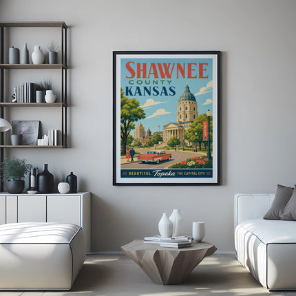 Shawnee County Kansas Topeka poster with Capitol building and vintage car.