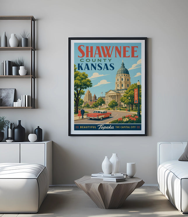 Shawnee County Kansas Topeka poster with Capitol building and vintage car.