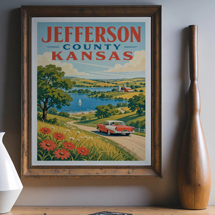 Vintage Jefferson County, Kansas travel poster with car, lake, and farmland.