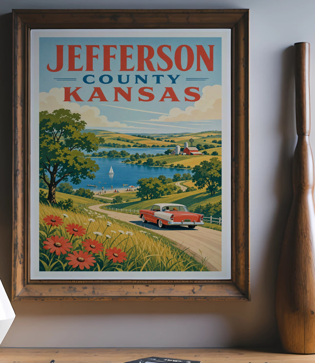 Vintage Jefferson County, Kansas travel poster with car, lake, and farmland.