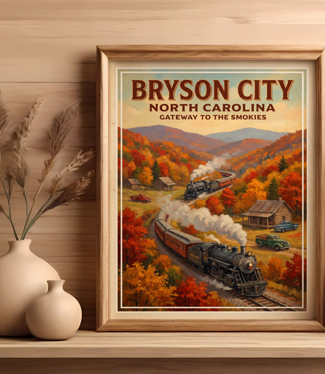 Bryson City North Carolina vintage travel poster with trains in autumn mountains.