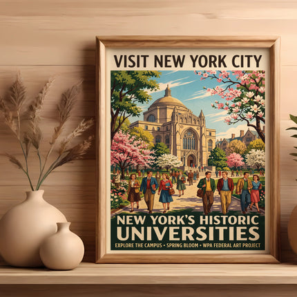 Vintage New York City poster showcasing historic universities, cherry blossoms, and people.