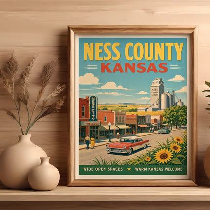 Vintage Ness City, Kansas travel poster with cars, buildings, and sunflowers.