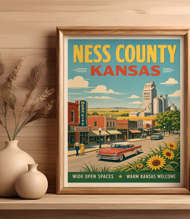 Vintage Ness City, Kansas travel poster with cars, buildings, and sunflowers.