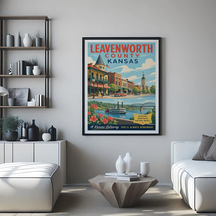 Leavenworth County Kansas poster with vintage illustration and city details.