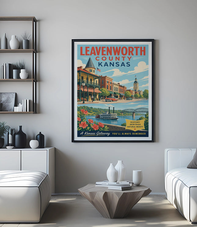 Leavenworth County Kansas poster with vintage illustration and city details.