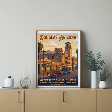 Douglas, Arizona vintage travel poster featuring Hotel Gadsden and historic buildings.