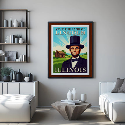 Vintage poster of Abraham Lincoln with "Visit the Land of Lincoln" text.