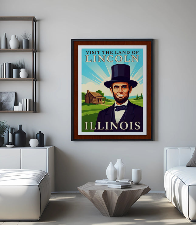 Vintage poster of Abraham Lincoln with "Visit the Land of Lincoln" text.