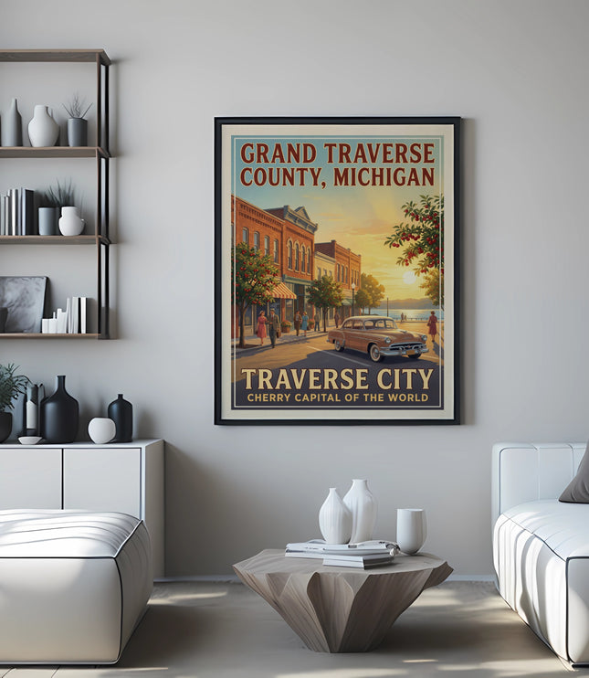 Grand Traverse County, Michigan poster with Traverse City text, vintage car, and buildings at sunset.