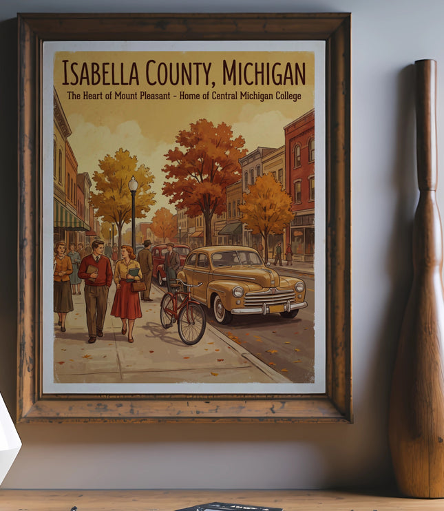 Vintage artwork of Isabella County, Michigan, with people and classic cars.