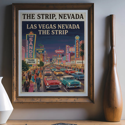 Vintage Las Vegas The Strip poster art with cars and people.