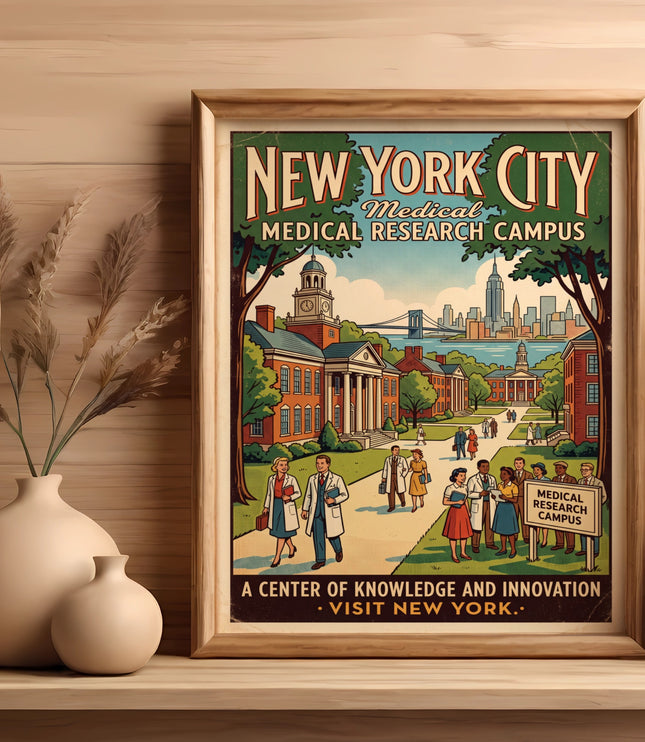 "New York City Medical Research Campus" poster with buildings and people.