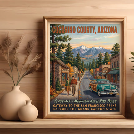 Coconino County, Arizona vintage travel poster with mountain scene.