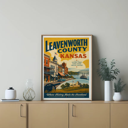 Leavenworth County, Kansas historic town poster with river and bridge.