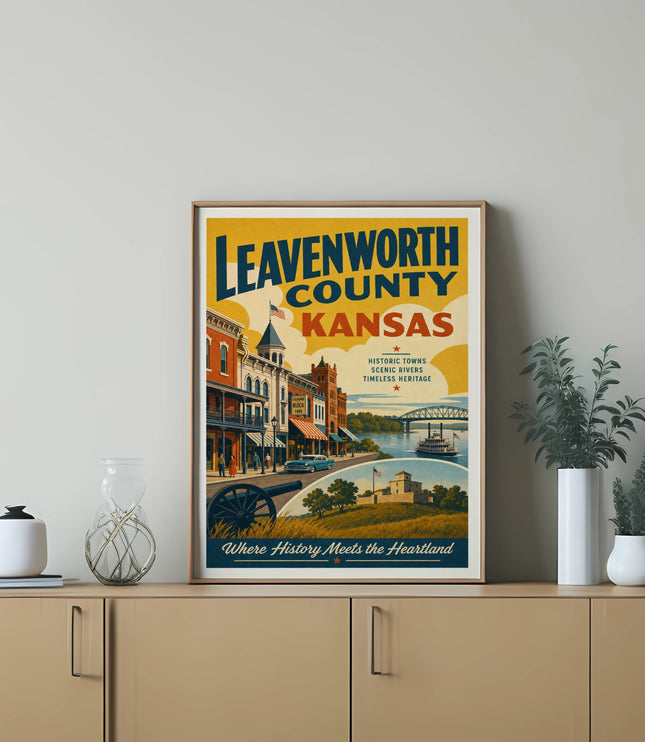 Leavenworth County, Kansas historic town poster with river and bridge.