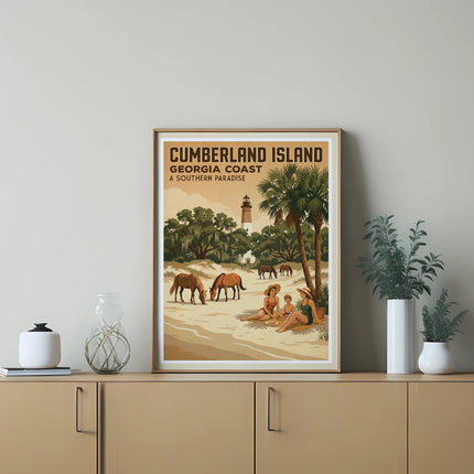 Vintage travel poster for Cumberland Island, Georgia Coast, featuring beach scene with people and horses.