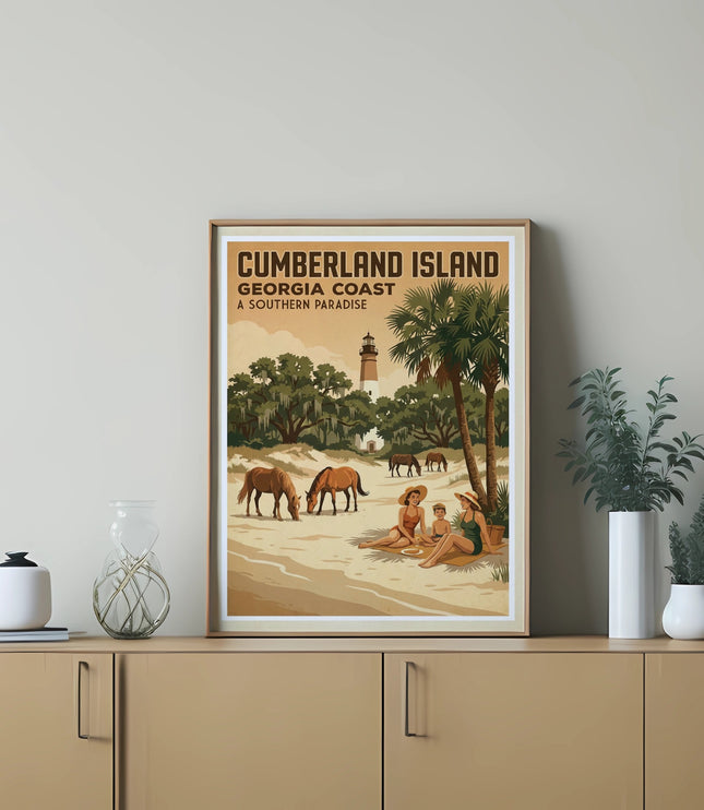 Vintage travel poster for Cumberland Island, Georgia Coast, featuring beach scene with people and horses.