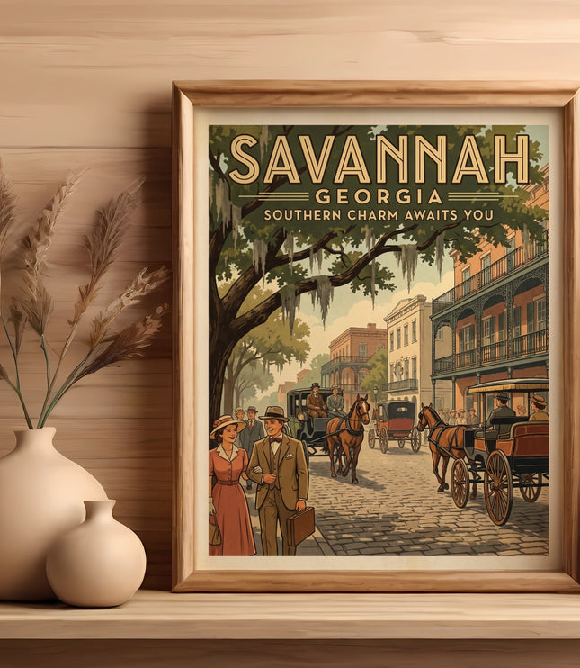Framed print with "Savannah Georgia Southern Charm Awaits You" text and vintage scene.