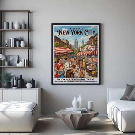 Vintage poster for visiting New York City, featuring an ice cream stand and street scene.