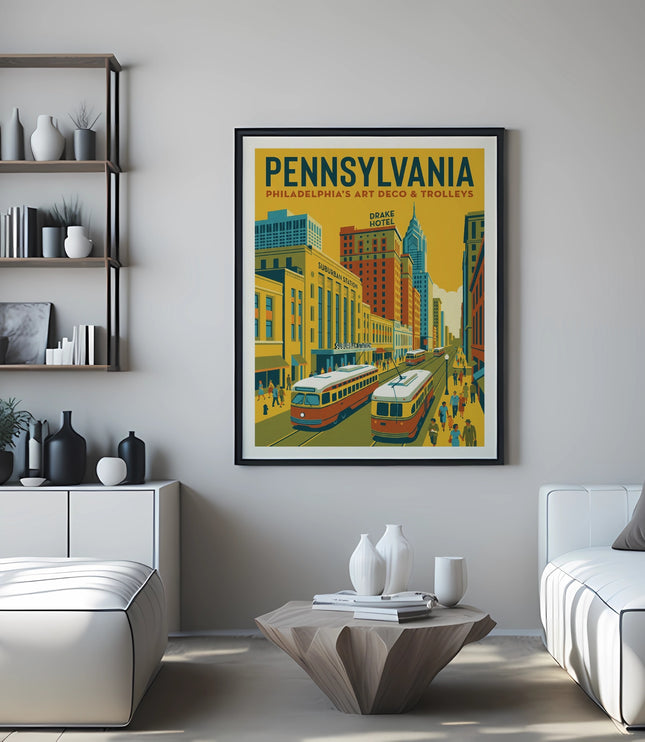 "Pennsylvania" art print with trolleys and buildings, framed, above a couch.